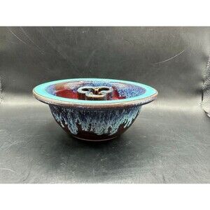 SMP Smokey Mountain Pottery Flower Frog Bowl Blue Teal Red Drip Glaze Glossy